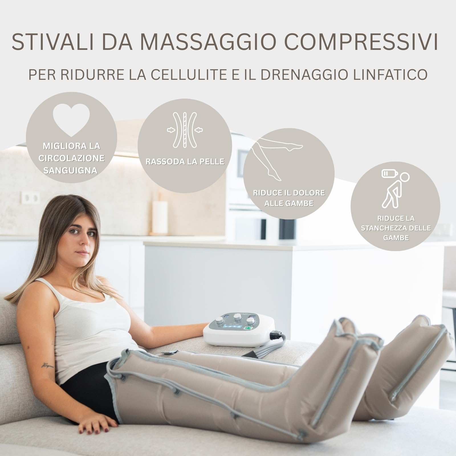Med 4 Pressoterapia – Stivali da massaggio per gambe stanche, drenaggio linfatico e circolazione, pressione 30-250 mmHg, 4 modalità, 4 camere sovrapposte