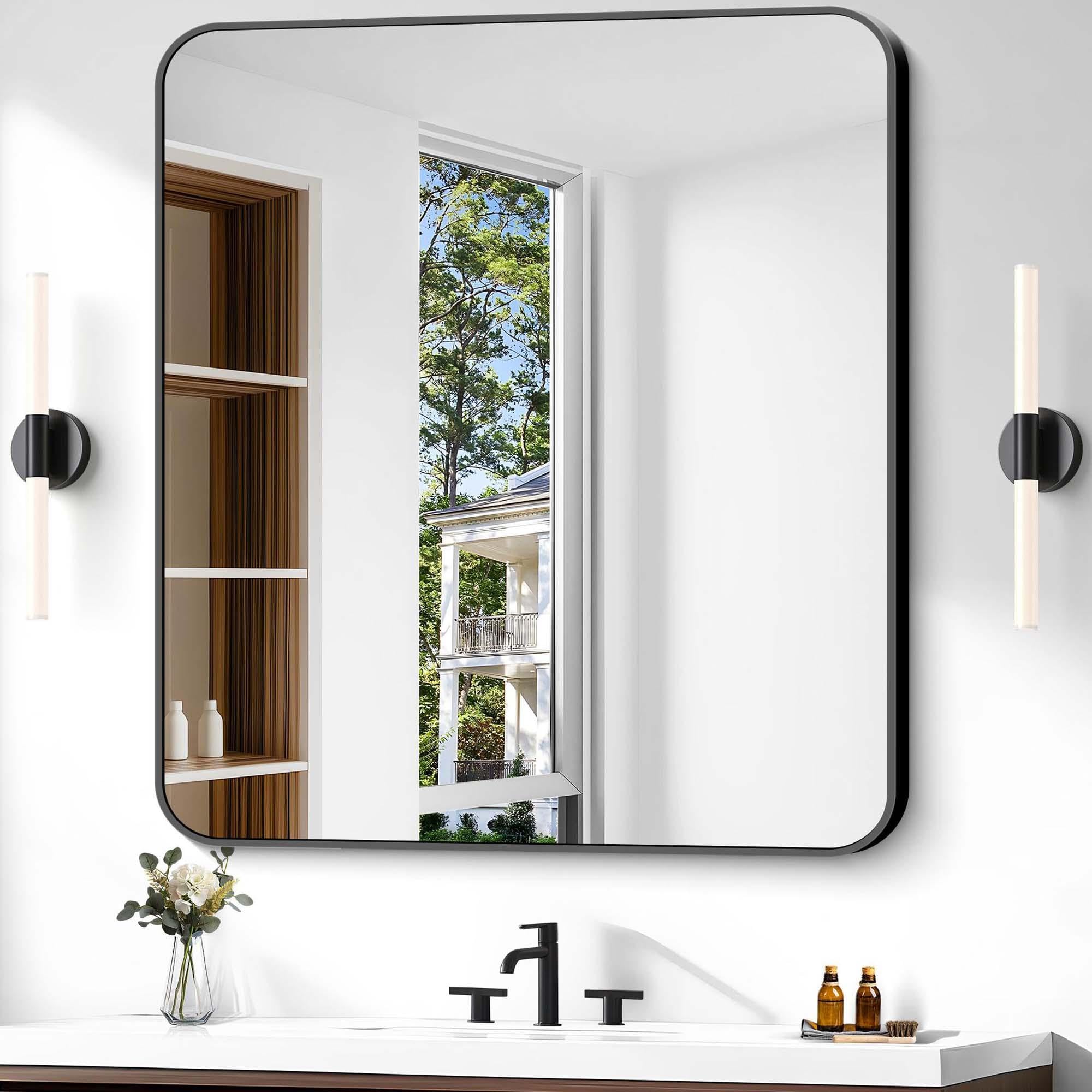 Bathroom Mirror, 40 x 36 inch Black Rectangle Wall Mirror, Metal Frame Rectangular Vanity Mirror, Rounded Corner Wall Mounted Mirror for Modern Bedroom Living Room Hangs Horizontal/Vertical