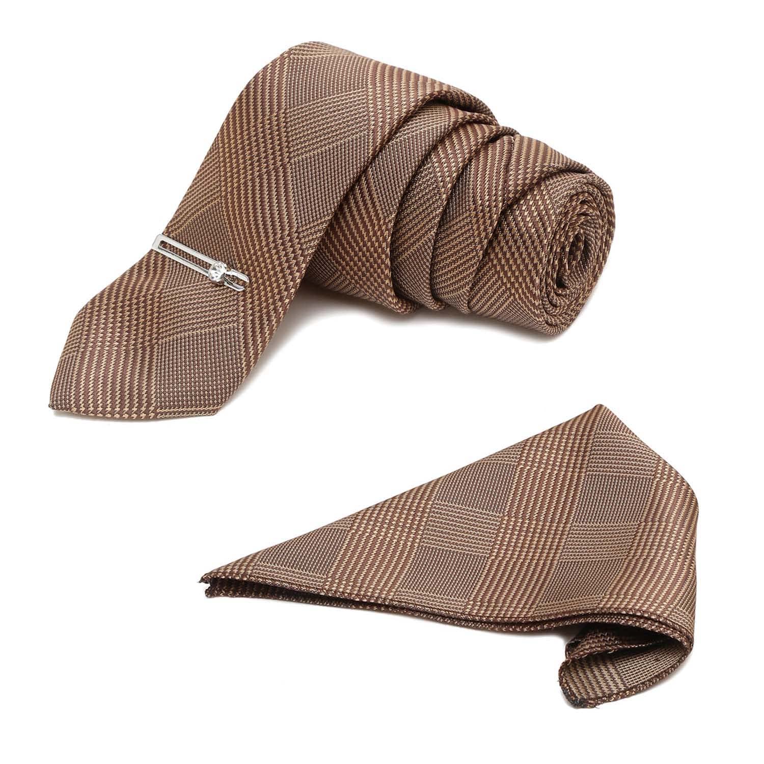Mens Brown Italian Silk Necktie Set Incl Pocket Square Chrome Tiepin American Style Formal Tie Gift Set for Men (TECPBR-#)-image-28