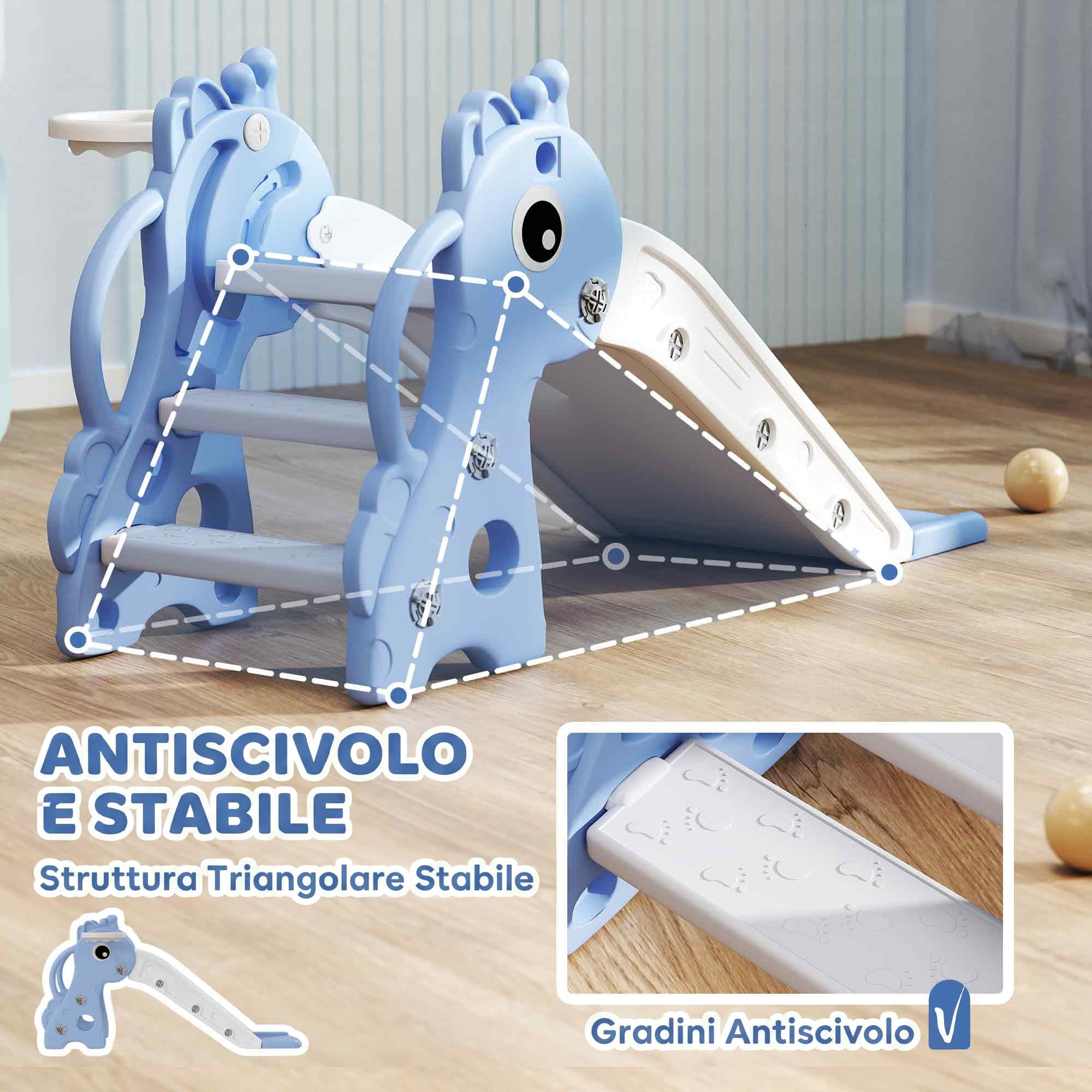 AIYAPLAY Scivolo per Bambini con Scaletta Canestro da Basket, 1-3 Anni Blu | Con Pallone, Set di Scivolo in Plastica con Design Giraffa, Corrimano Laterali, per Interno ed Esterno