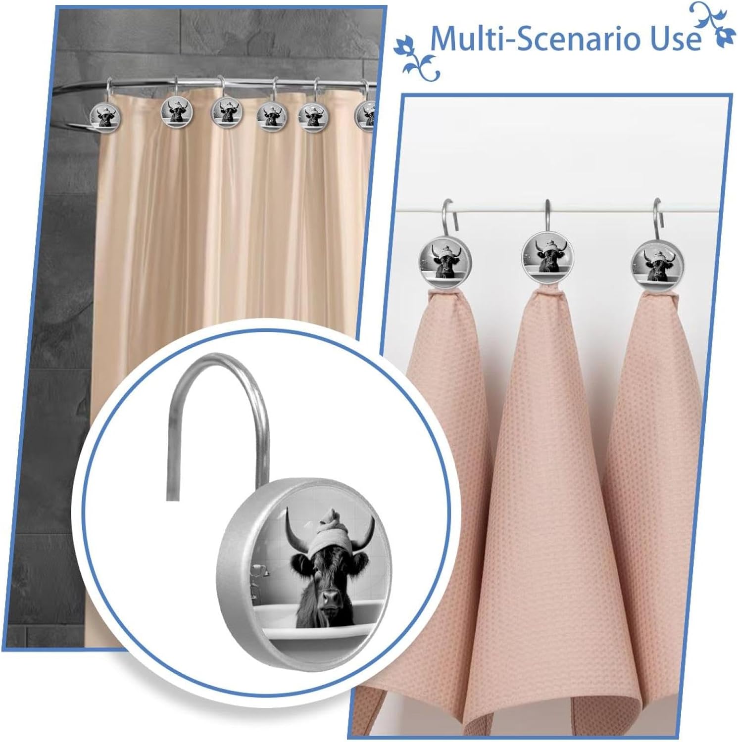 12 Packs Highland Cattle Shower Hooks & Rings Rust Proof Glass Decorative Curtain Hangers for Bathroom Shower Curtain Rod Clothing Towels Kitchen Utensils