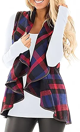 Unidear Womens buffalo Plaid Vest Casual Lapel Open Front Sleeveless Cardigan Jacket Coat with Pockets