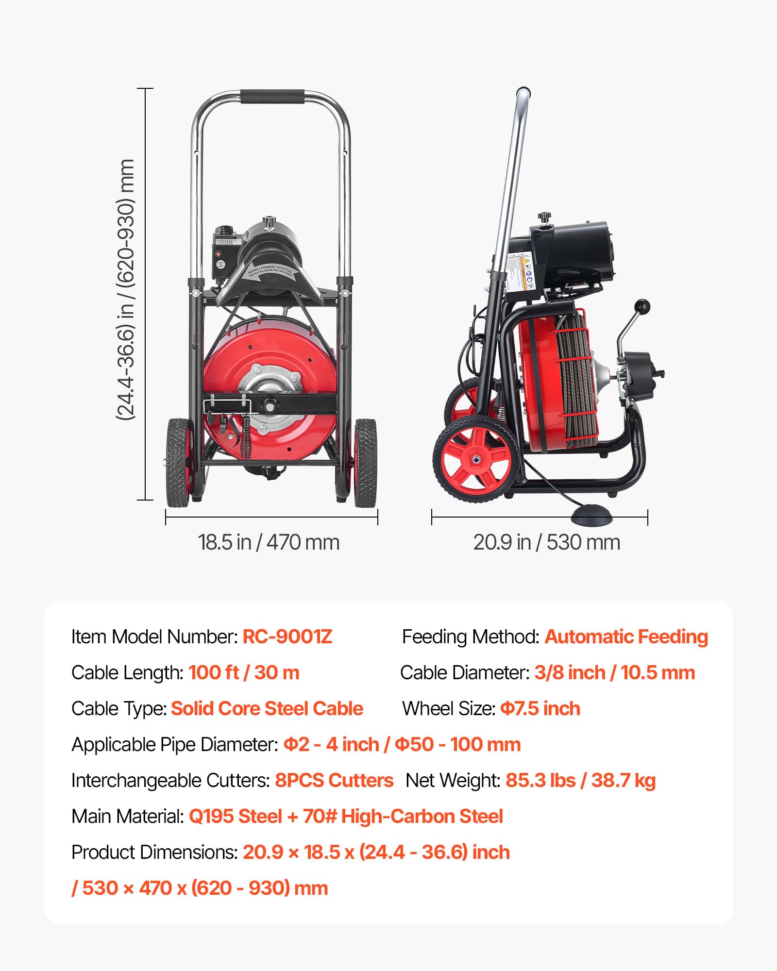 VEVOR D1000 środek czyszczący 370 W z 8 nożami i przełącznikiem nożnym aktywowanym powietrzem do rur 5 cm do 10 cm, czerwony + czarny