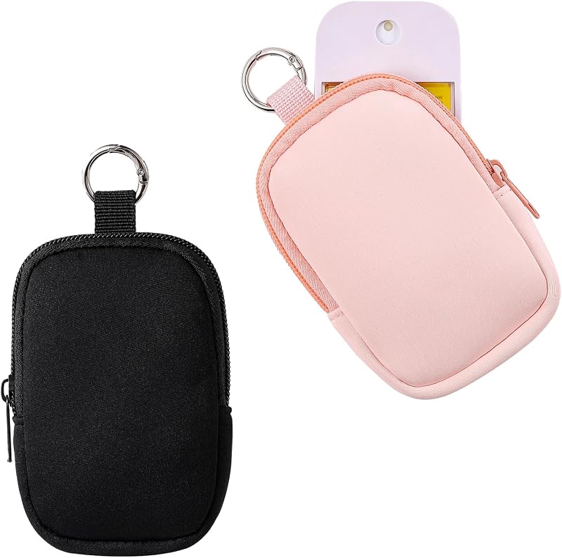 Necessaire de maquiagem mini RSRSLEII em neoprene com zíper e gancho, Preto + Rosa-claro, pacote com 2