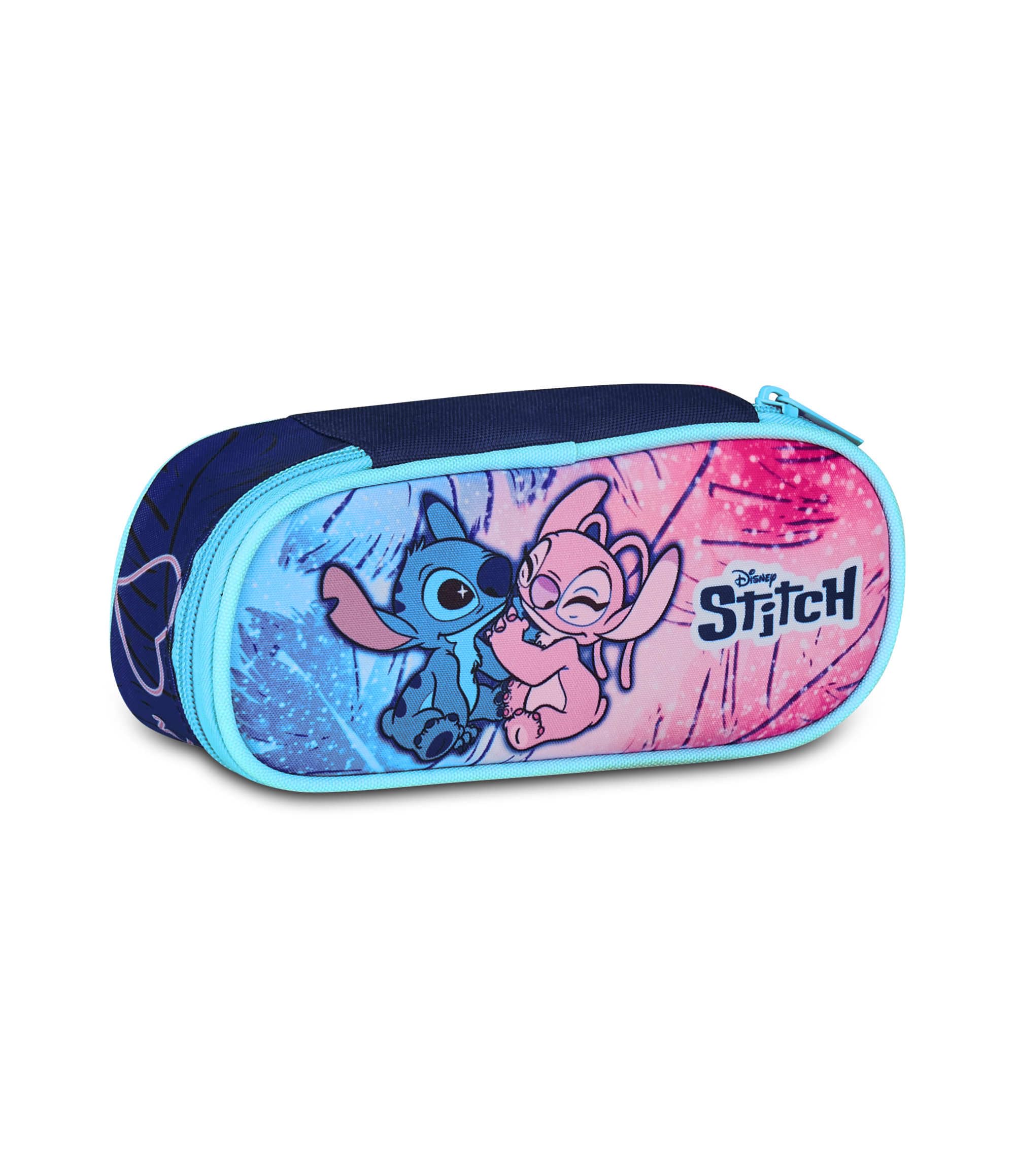 Seven Lilo & Stitch Round Plus School Pencil Case, Light Blue and Pink, Oval Pencil Case with Elastic Bands and Pocket for Pens, Pencils and Accessories, Elementary and Middle School, Girls and Girls