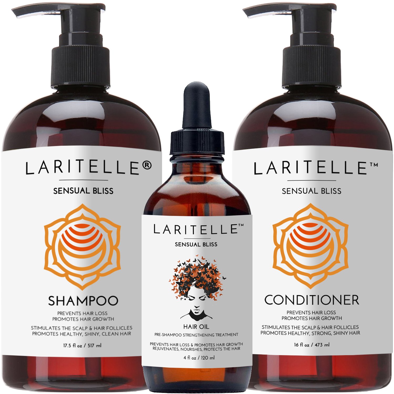 Laritelle Organic Hair Growth Set | Shampoo 16 oz + Conditioner 16 oz + Hair Loss Treatment 4 oz | Argan Oil, Rosemary, Palmarosa & Orange | NO GMO,