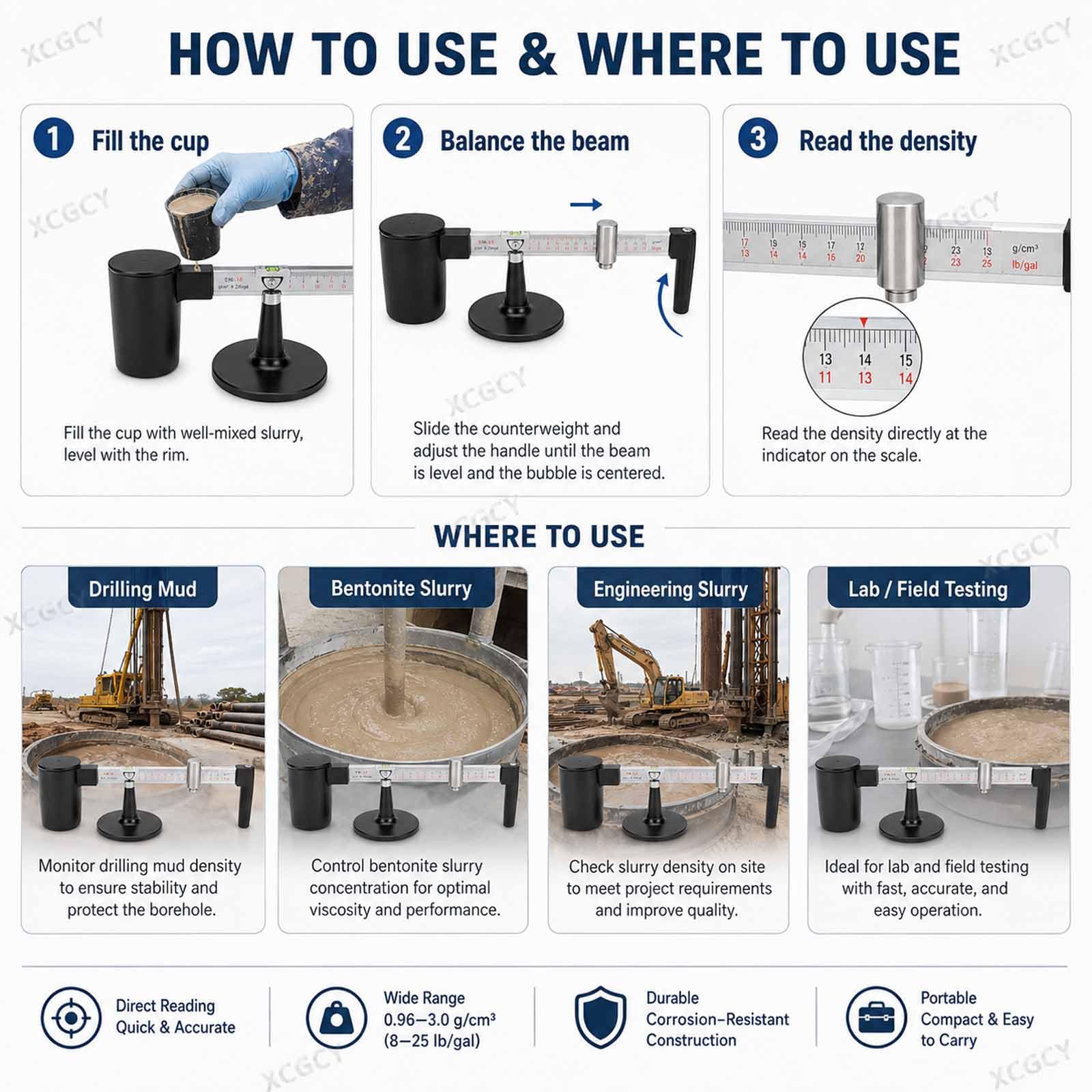 Densímetro Líquido para Incrustaciones De Lodo, Medidor De Contenido De Incrustaciones De Lodo Y Arena, Rango 0,96-3,0 G/cm³, Escala 0,01 G/cm³, Estuche para Laboratorio Y Campo