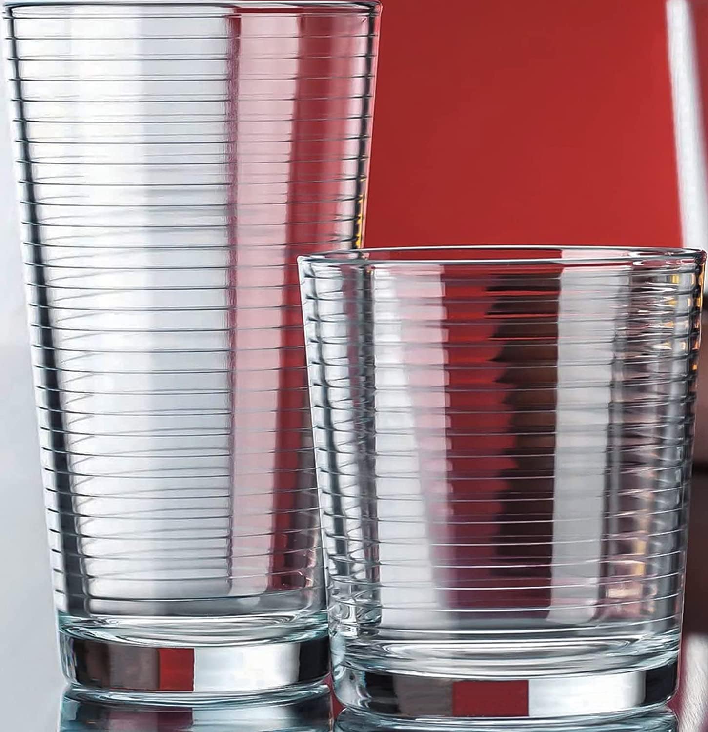 Set of 16 Heavy Base Ribbed Durable Drinking Glasses Includes 8 Cooler Glasses (17oz) and 8 Rocks Glasses (13oz), Clear Glass Cups - Elegant Glassware Set