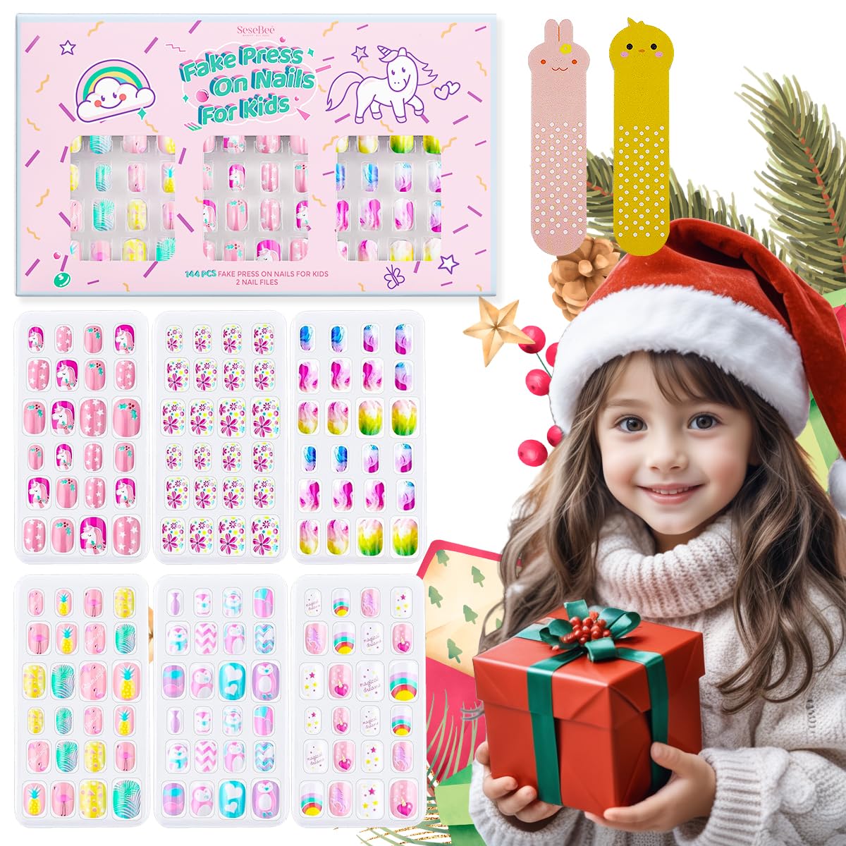144 Piezas de Uñas Postizas Artificiales Cortas Para Niñas,Sin Decoloración, Estable, Rápido, Con Pegamento Previo, Cubierta Completa, Unicornio Arcoiris Kit de Puntas Acrílicas Para Uñas (Unicornio)