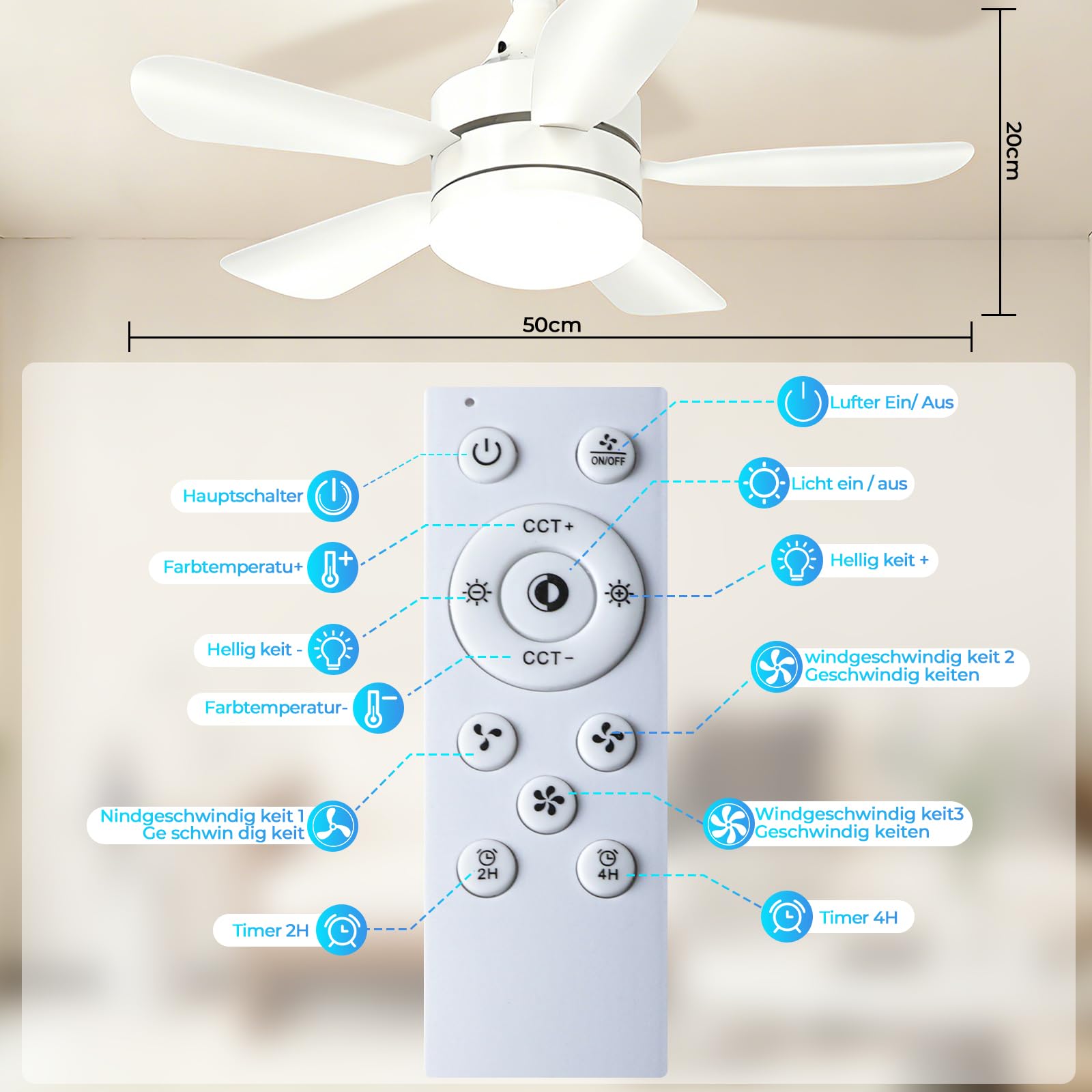 Ventilateur de plafond avec lumière et télécommande – Lampe de plafond avec ventilateur, silencieux, CRI≥85, 45 cm, minuterie, 3000K-6500K dimmable LED – pour chambre, salle à manger, salon