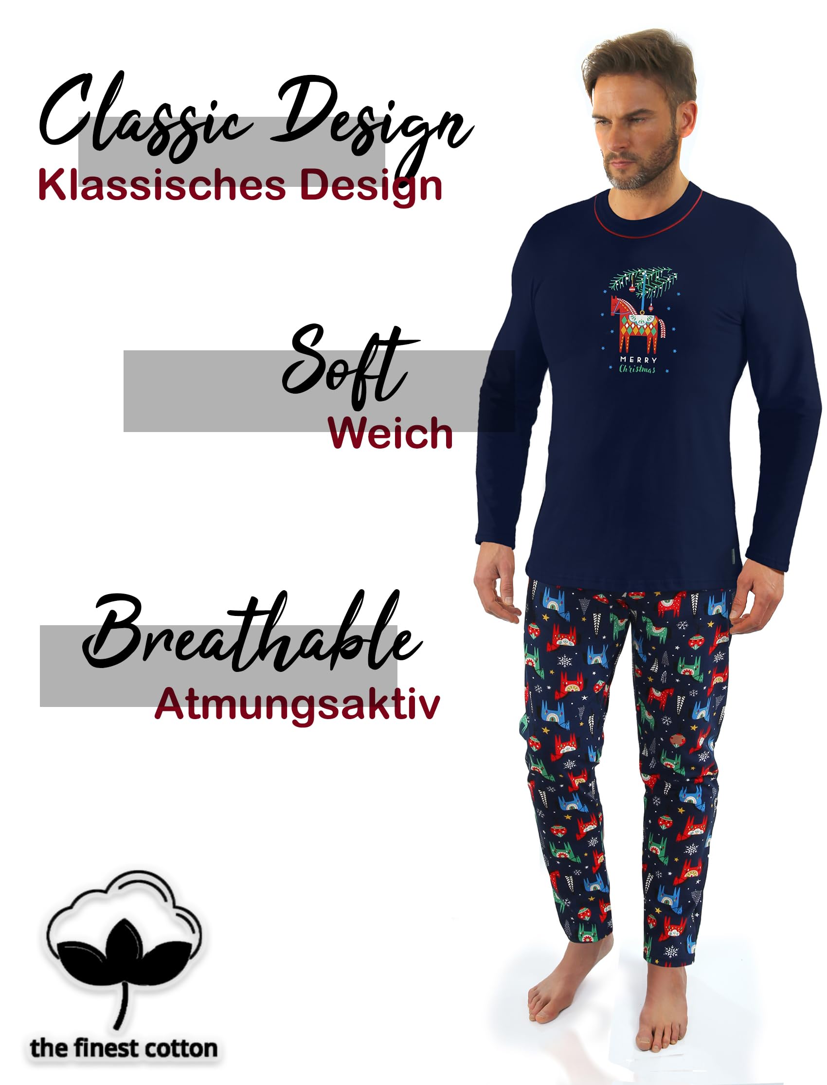 Sesto Senso Navidad Pijamas Hombre Largo Invierno Algodón Pijama Conjunto Camisa Manga Larga Pantalones Largos Azul Oscuro Caballo L 2643/01 Konik
