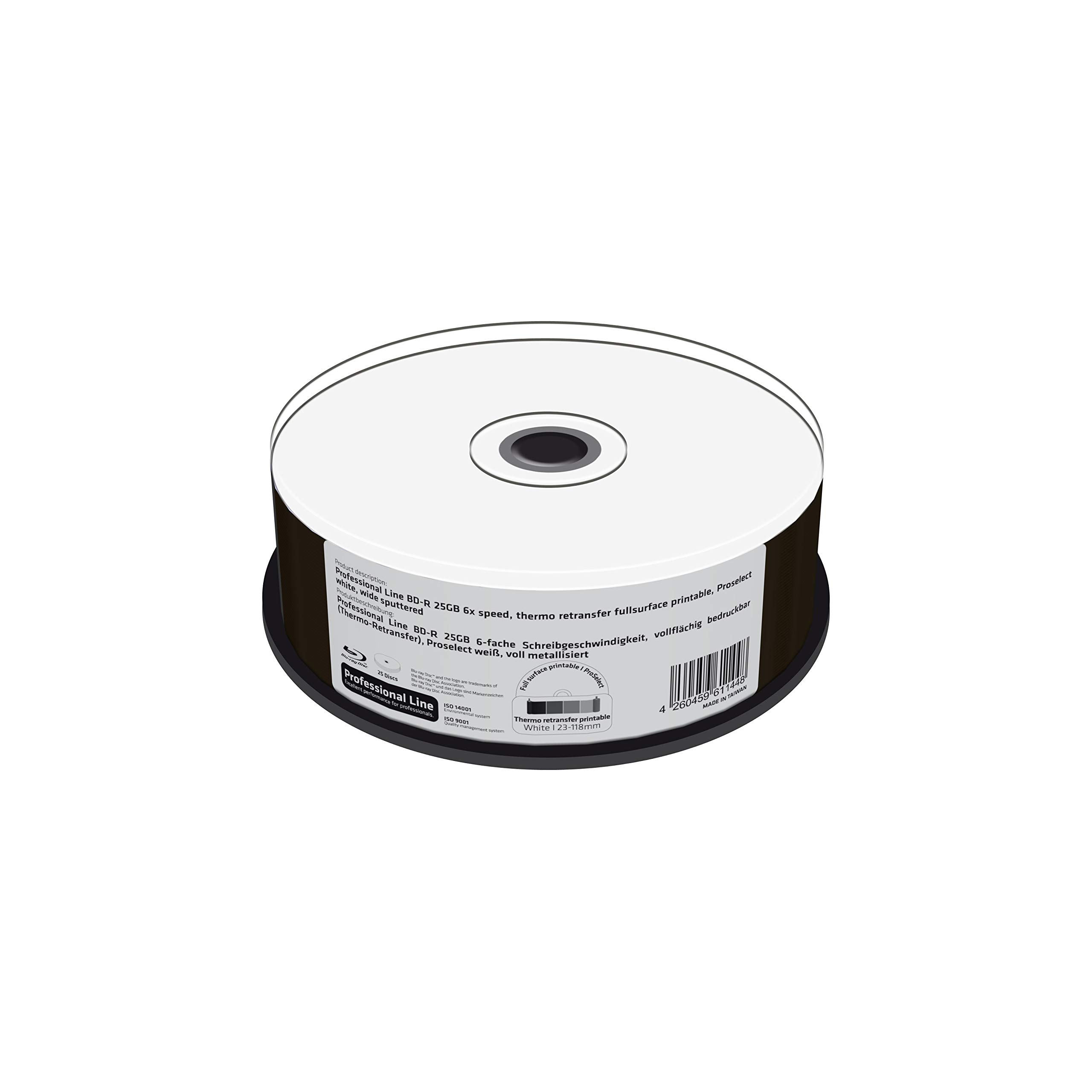 MediaRange Professional Line BD-R - Velocidad de Escritura (25 GB, 6 velocidades, imprimible en Toda la Superficie (Transferencia térmica), Color Blanco Proselect Totalmente Metalizado, 25 Unidades