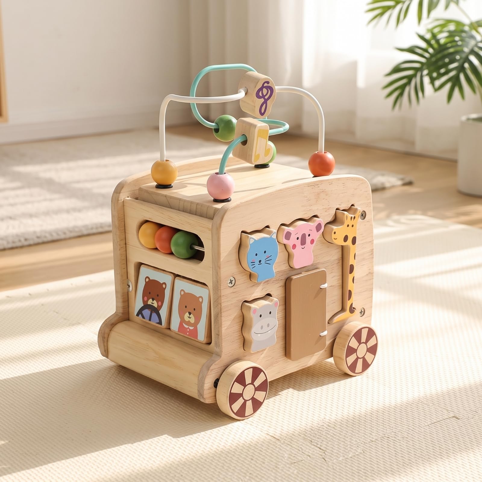 Bus Iniziare a Camminare con Percorso a Ostacoli Multifunzione Gioco Iniziare a Camminare in Legno Didattico Giocattolo, Verde, Multifunzionale Autobus Giocattolo