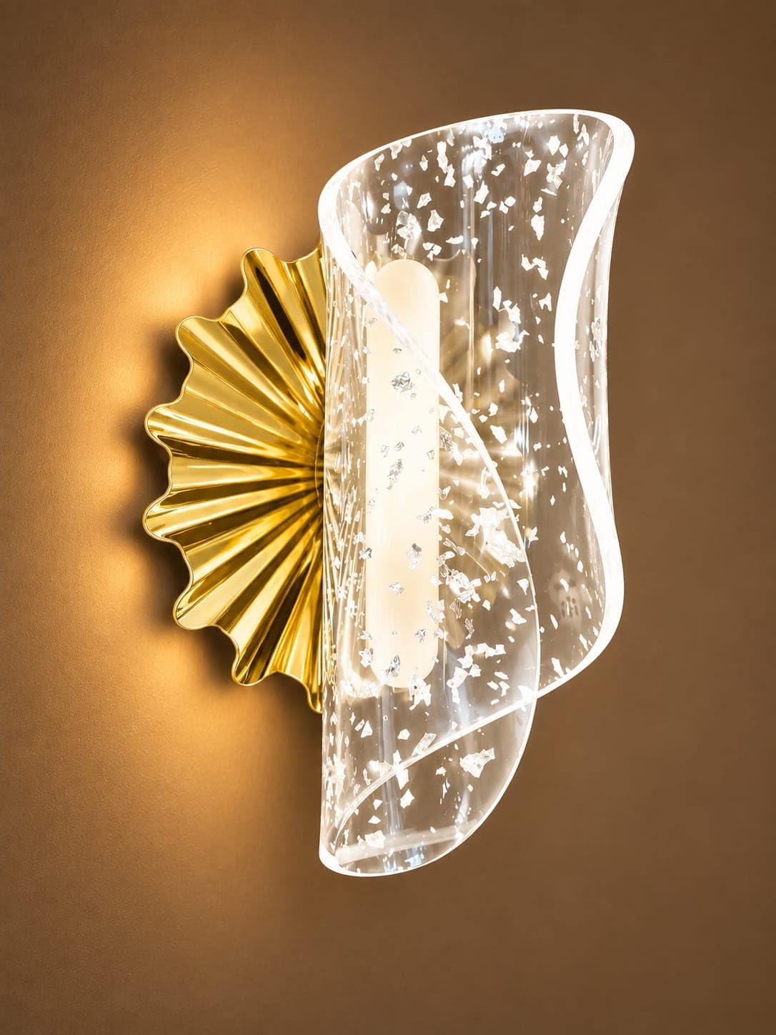 Prosper Glow (2, 2) | Clear Glass Shade with Metallic Flakes, Gold Sunburst Backplate, 22 cm Height x 12 cm Width, Art Deco Design-image-16