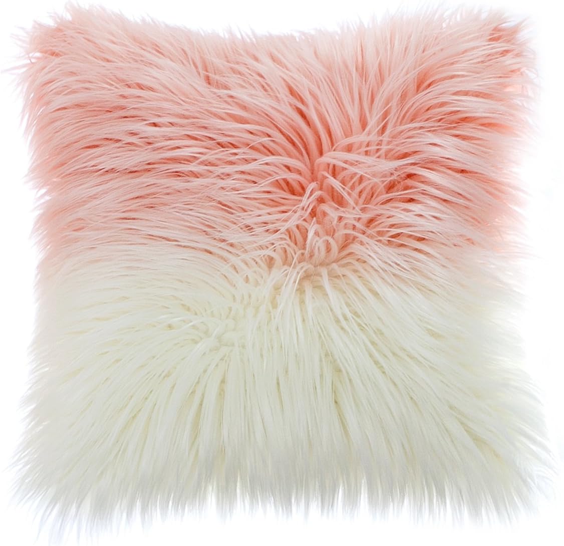 OJIA Deluxe Home Decorative Super Soft Plush Mongolian Faux Fur Throw Pillow Cover Cushion Case (18 x 18 Inch, White Pink)