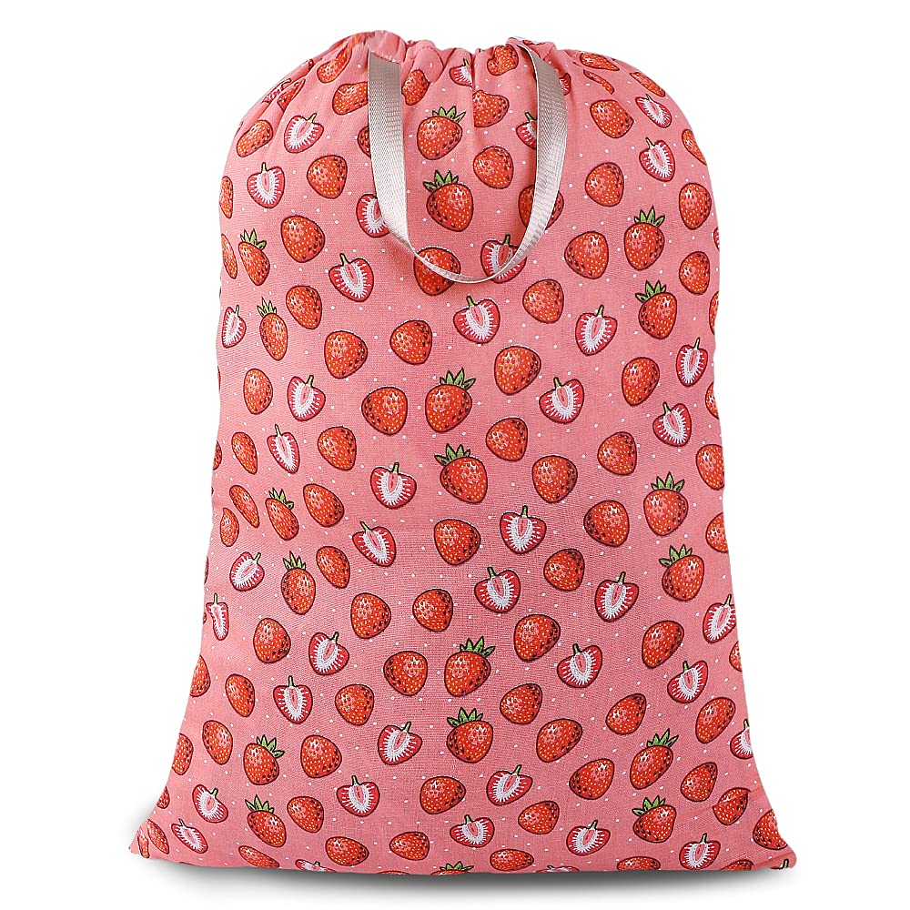 SanlykateExtra Large Laundry Bag with Drawstring Closure and Handle, 28 x 40 Inch Heavy Duty Travel Dirty Clothes Bag for Laundromat and Household, Pink Strawberry