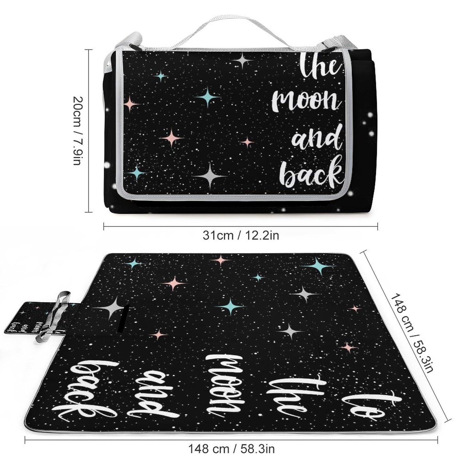 Moon-Black-Doodle-Print Picnic Blanket Waterproof Foldable, Large Outdoor Picnic Blanket Beach Blankets Camping Blanket Travel Mat, Shoulder Strap Tote, Rectangle 58x58in