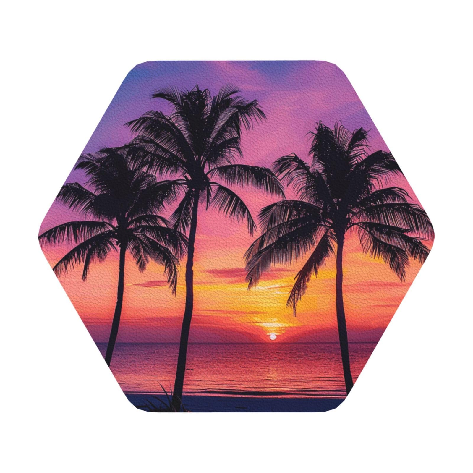 Palm Trees Silhouette at Sunset Print Leather Coaster Set of 6, Hexagon Coasters Table Decorative Coffee Cup Beverage Coasters Wine Beer Bar Coasters for Hot Drinks Table Protection