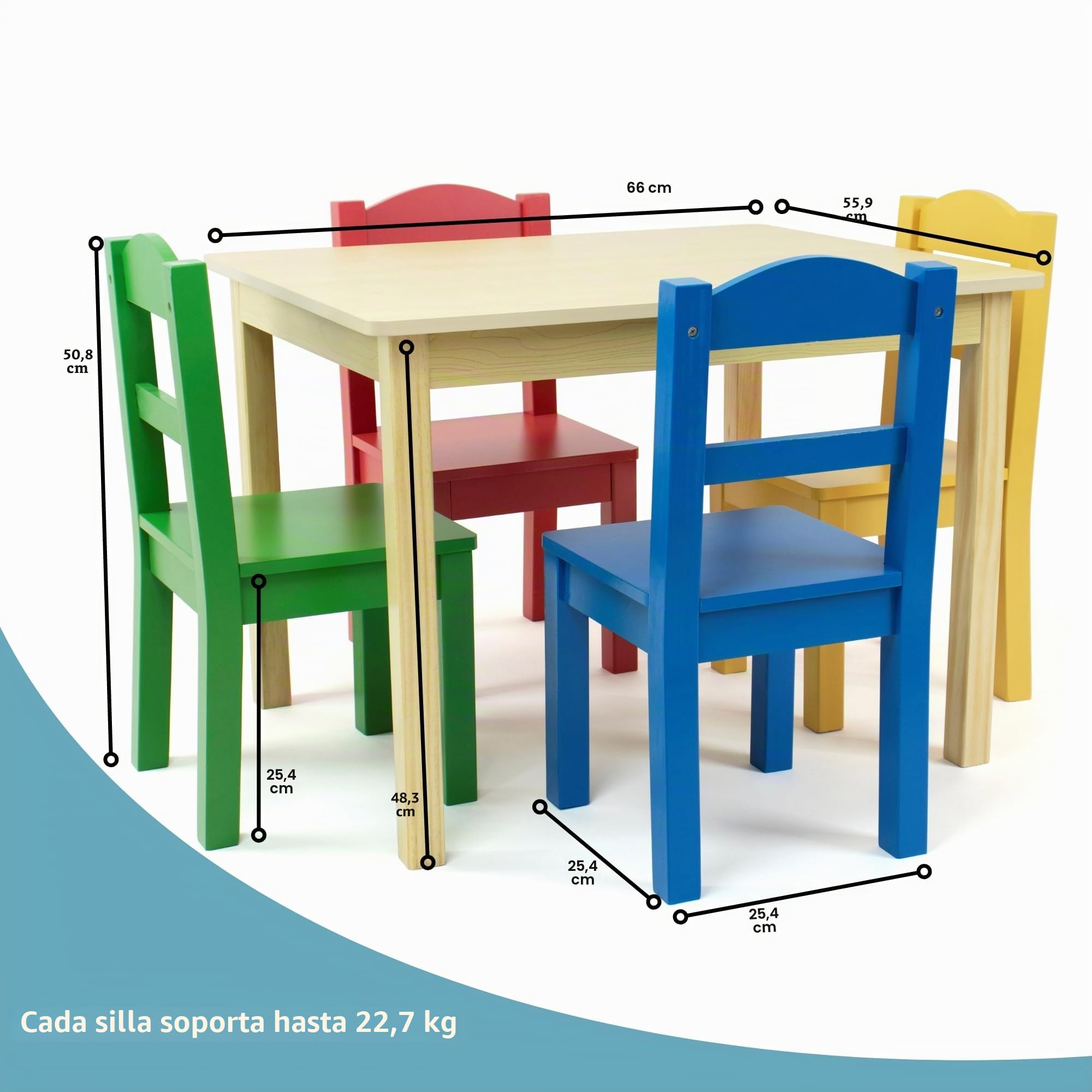 Humble Crew Juego Mesa Cuadrada Madera y 4 sillas: Natural/Colores primarios, diseño Alegre, Seguro para niños, fomenta Juego, Montaje fácil