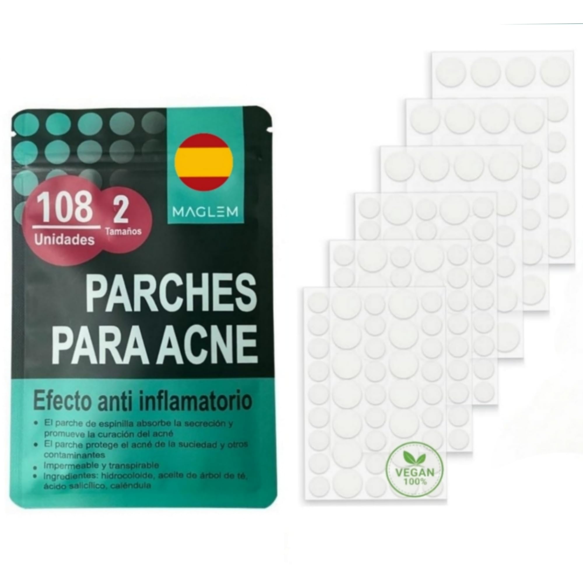 Parches granos, Pimple Patches, Acne patch, Parches acne, contiene Cálendula, hidrocoloide, Aceite De Árbol De Té Y Ácido Salicílico, Invisibles (108 unidades)