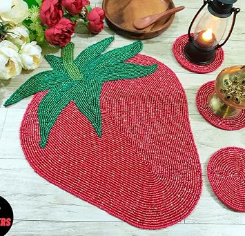 Set of 2 Handmade Beaded placemat, Strawberry, red placemat, Bead Charger, tablemat Decorative placemat ZARIMOON