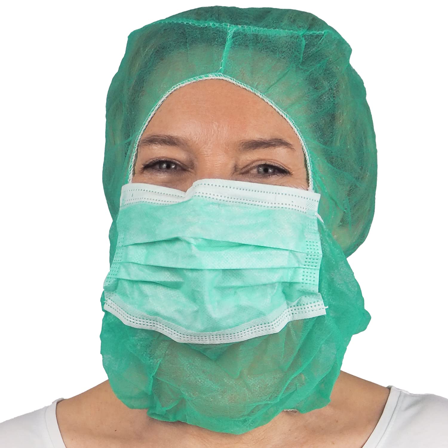 ARNOMED Gorro desechables con mascarilla de 2 capas 100 uds, gorro desechable de textil no tejido PP con mascarilla cosida verde, gorro con elástico y mascarilla, enfermería, asistencia y cocina