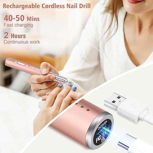 Miniatura 4 de Enniewi Taladro de uñas, lima de uñas eléctrica recargable e inalámbrica, taladro eléctrico de uñas de 25000 RPM con 10 brocas para uñas acrílicas
