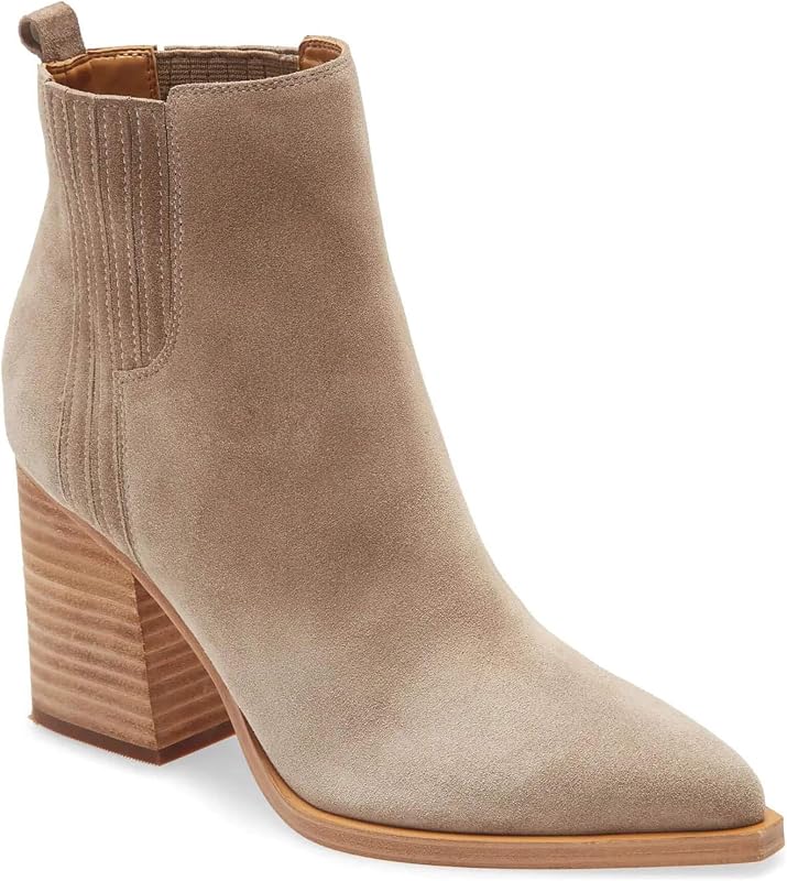 Imily Bela Botas de tobillo para mujer con puntera puntiaguda, tacón medio apilado, botines de piel de ante sintético