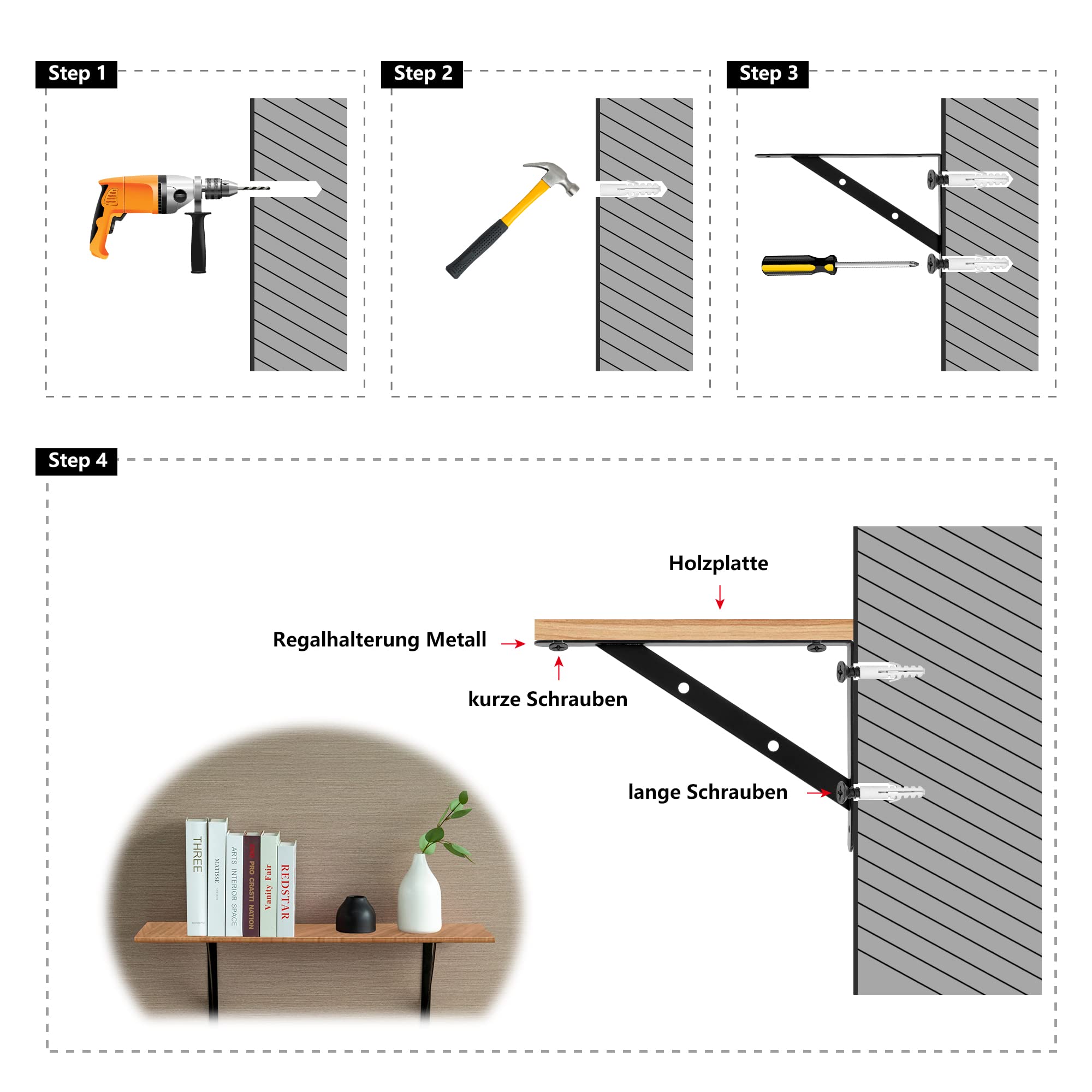 Soportes para Estantes Pesados, Soportes Estantes Triangulares de Montaje en Pared, Resistente Estantes Soporte Triangulares de 90 Grados Angular con Tornillos, Negro (10 PCS 30x20 cm)