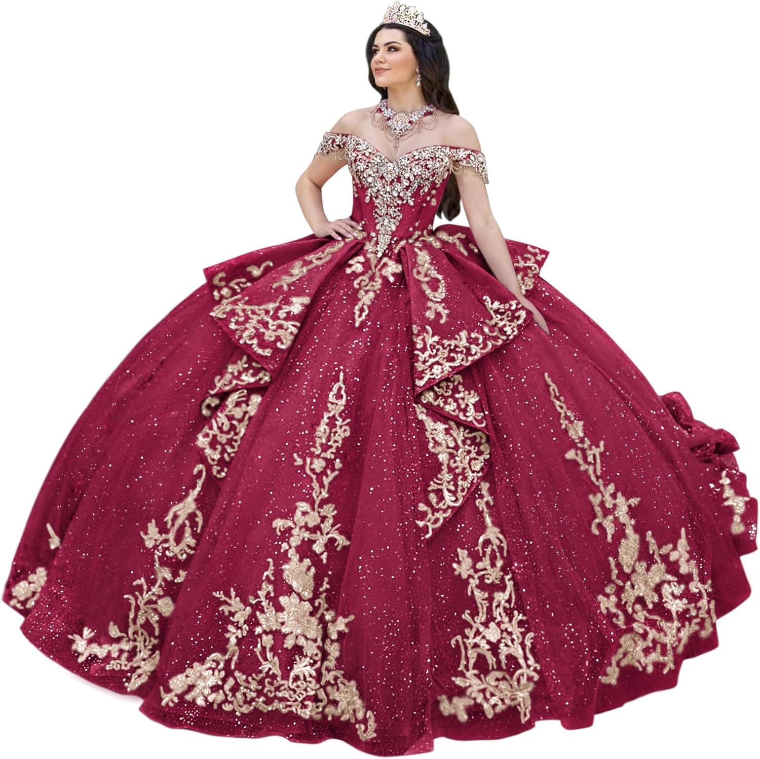 Zhangyo Off Shoulder Quinceanera Dresses with Bow Puffy Tulle Sweet 15 16 Dress with Train Gorgeous Tassel Applique Ball Gown