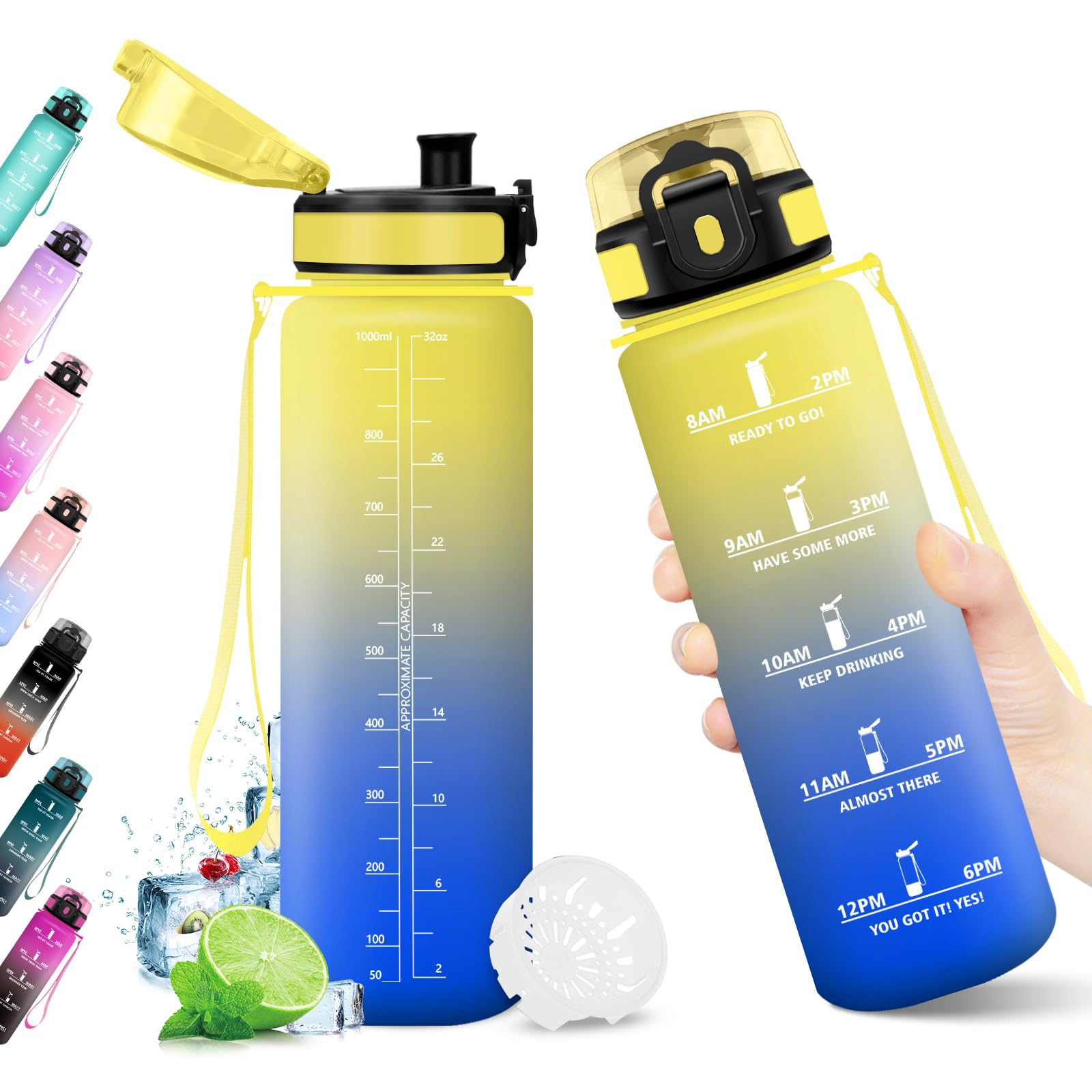 KollyKolla Borraccia 1L, Riutilizzabile, Bottiglia con Filtro, Borraccia con Indicatore del Tempo Motivazionale senza BPA, A Prova di Perdite, ideale per Adulti, Bambini, Scuola, Ufficio