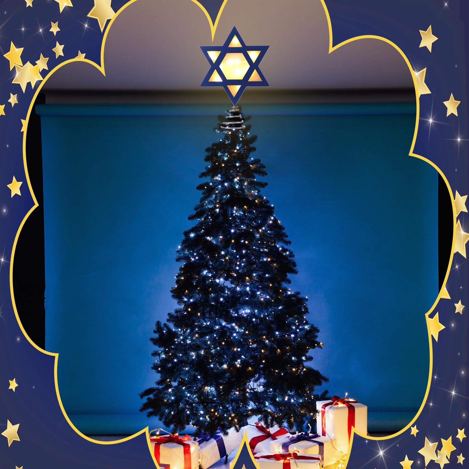 Halloscume Decoración para árbol de Navidad, estrella de David, grande, enchufable, decoración religiosa azul y blanca con luz para interiores y exteriores, decoraciones de Navidad de invierno