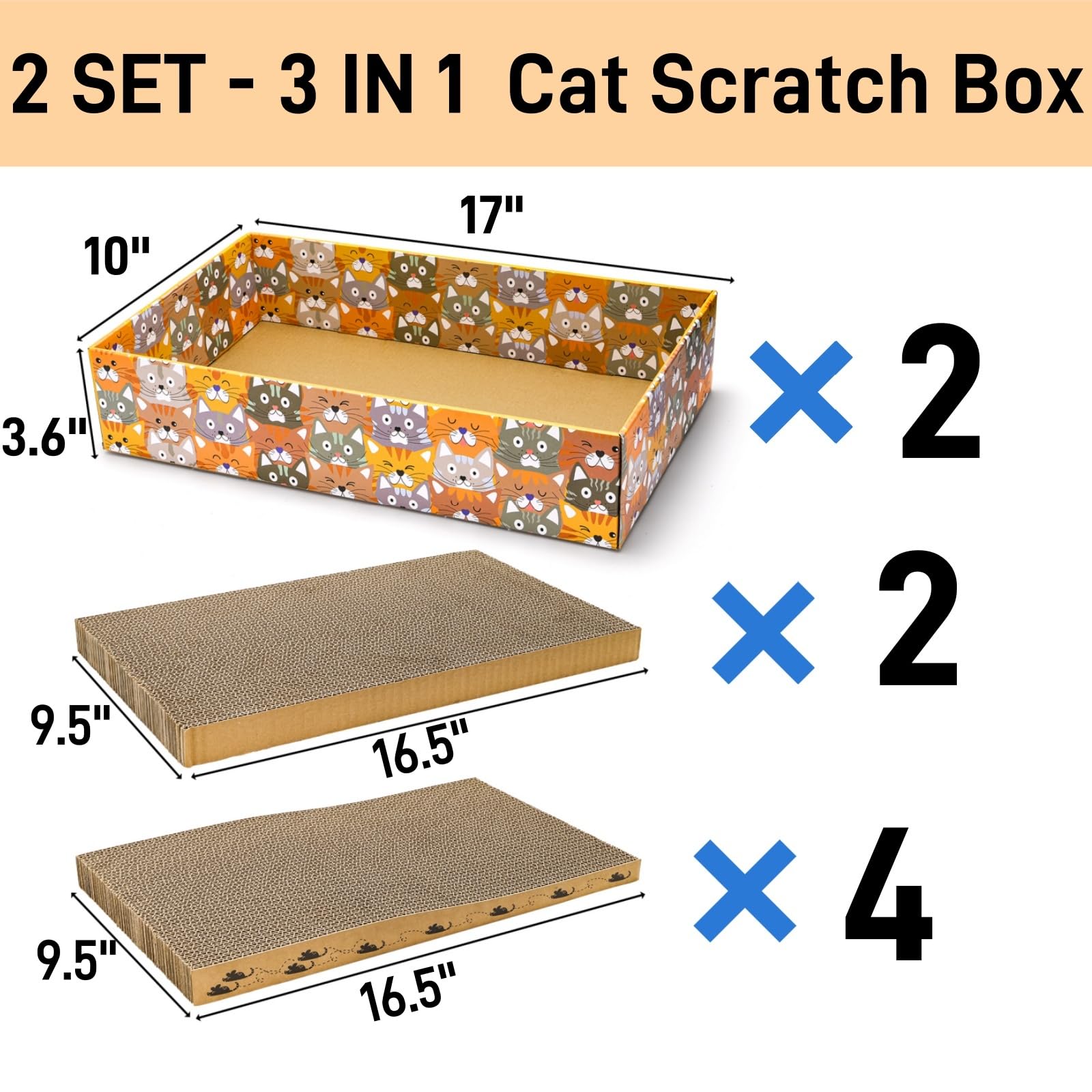 Pumtus Juego de 2 rascadores de cartón para gatos, 6 almohadillas corrugadas para gatos con 2 cajas, bonito sofá cama reversible para gatitos, salón recargable en forma de onda, juguete interactivo