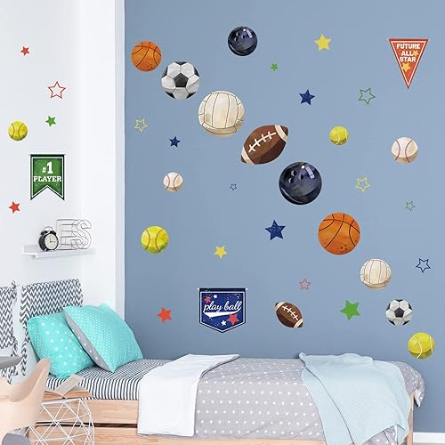 Miniatura 5 de Supzone Calcomanías de pared de bolas deportivas para niños bandera de carrera calcomanías de pared coloridas de baloncesto fútbol béisbol estrellas