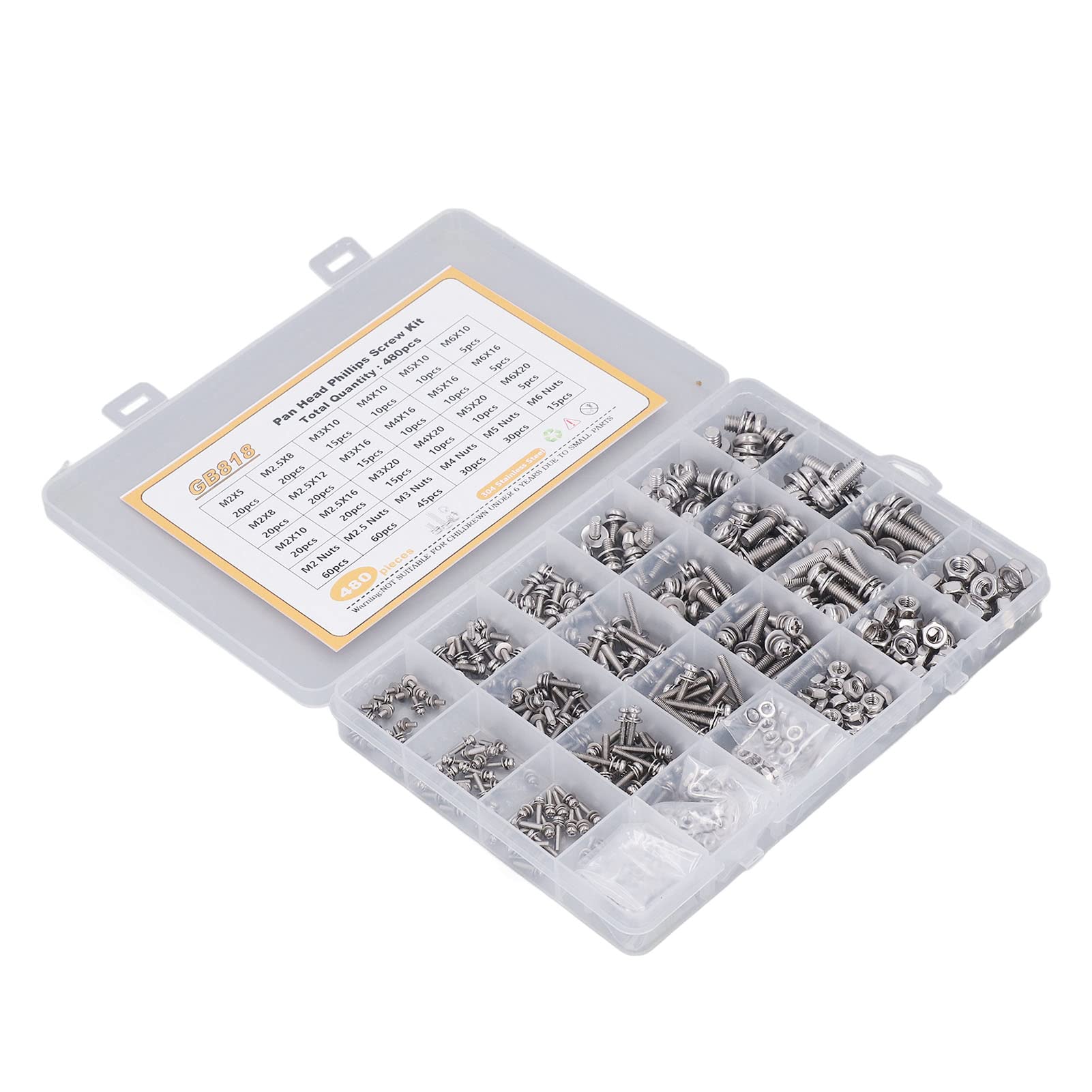Kit de tuercas y arandelas para tornillos de cabeza plana, de acero inoxidable, 480 piezas, juego variado de herrajes de acero inoxidable 304 con caja de almacenamiento para repara