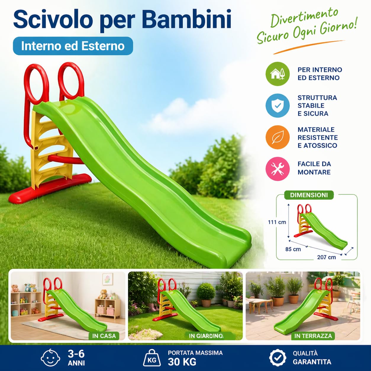 Scivolo per Bambini da giardino da casa Interno Esterno 207x85x111(h) Grande 3 Anni 4 Anni Scivolo Bimbi 2-6 Anni