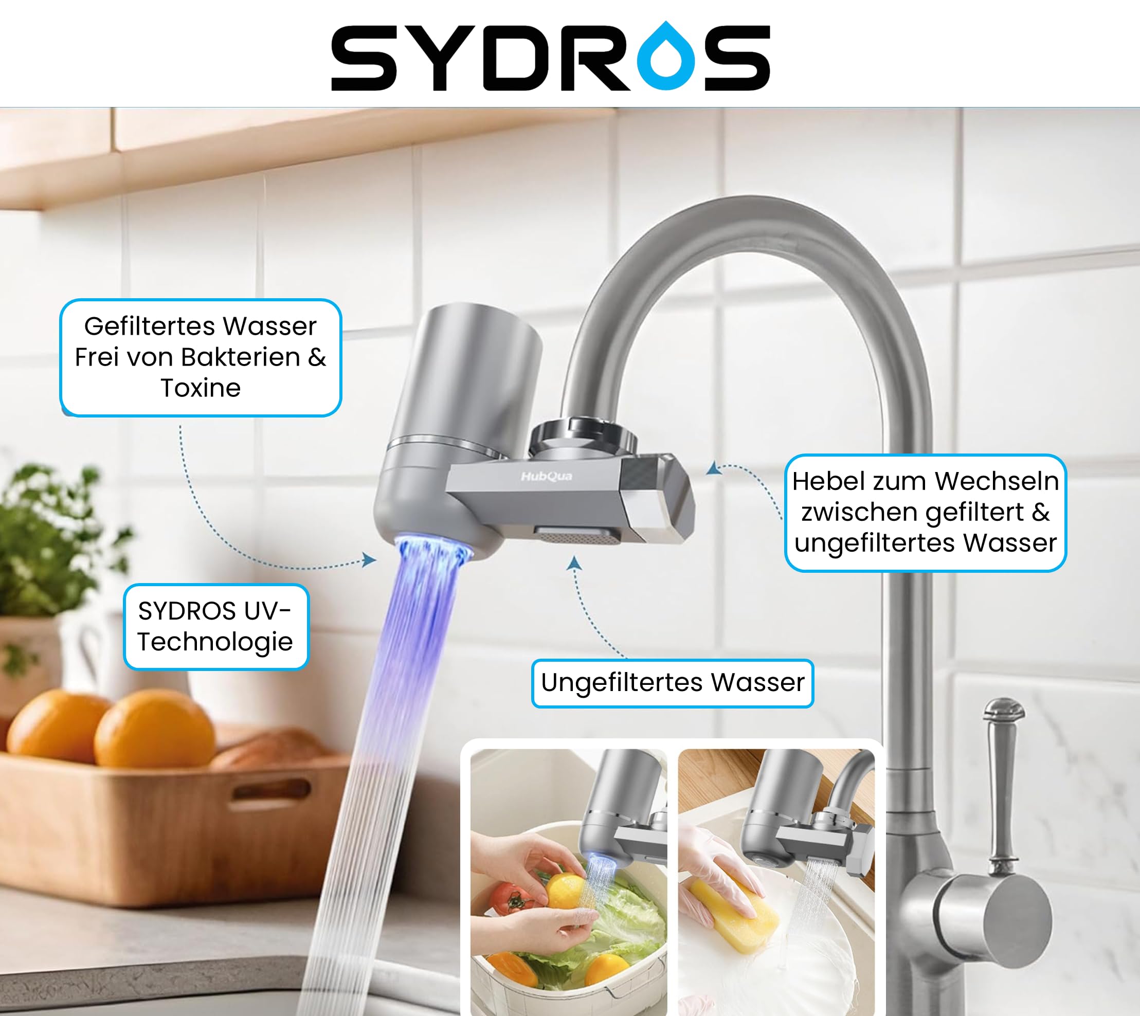 SYDROS VITAQUA - Filtro per rubinetto, a 5 livelli, con modulo di luce UV, riduce il cloro, i sedimenti e gli odori, universale, facile montaggio, ideale per cucina, bagno, viaggi