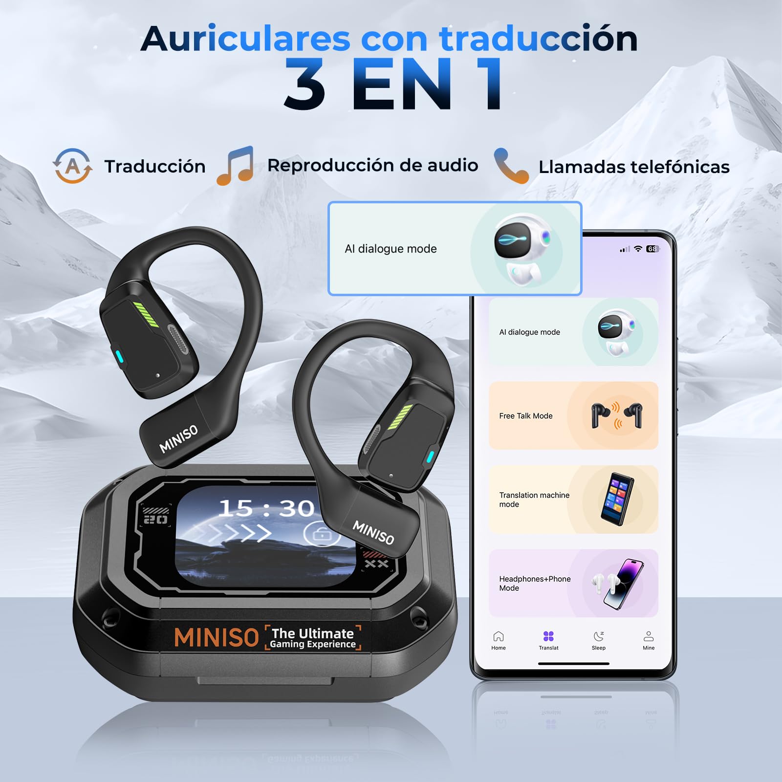 MINISO M98 Auriculares Traductor en Tiempo Real, 134 Idiomas Auriculares Traductores Simultaneos IA de voz, 3 en 1 Auriculares Traductor con pantalla táctil LCD para Negocios, Viajes y Estudio
