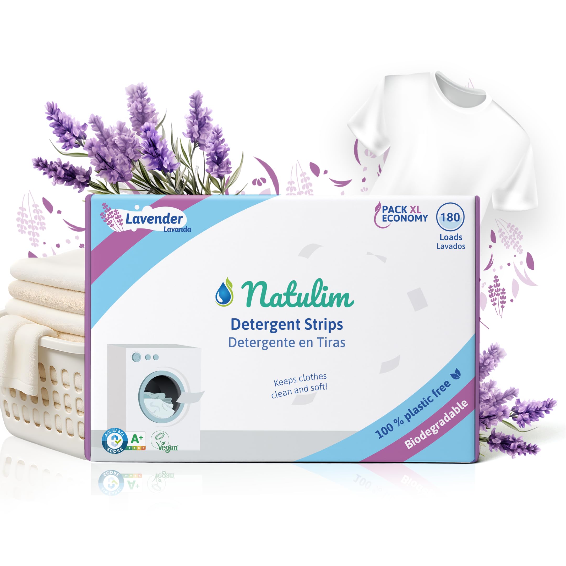 Natulim - Detergent w taśmach do prania (180 prani) - Zawiera efekt zmiękczający, ekologiczny, przyjazny alergikom, Zero Waste - Czyste, miękkie ubrania bez brudu planety (Lawenda)