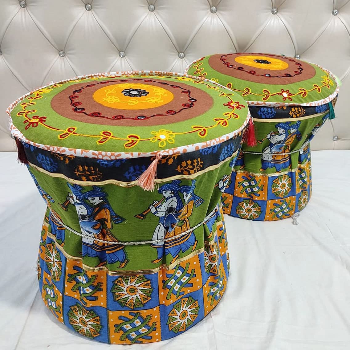POSHMANDALA Set of Two Footstool Bamboo Cover Multi Color Mudda Ottoman Pouffe Cover Size 17x18 Inches Set of 2 Two (Cover Only)-image-34