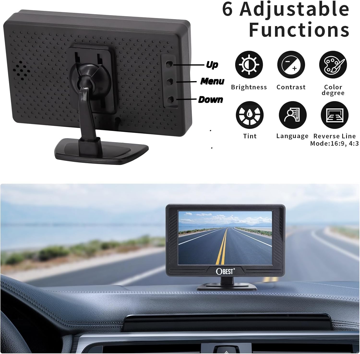 OBEST Zestaw samochodowej kamery cofania AHD z monitorem 4,3 cala, tylną kamerą parkingową 1080P, noktowizorem, obrotem 360°, szerokim kątem 170° i zestawem ekranów do przyczep kempingowych 12V
