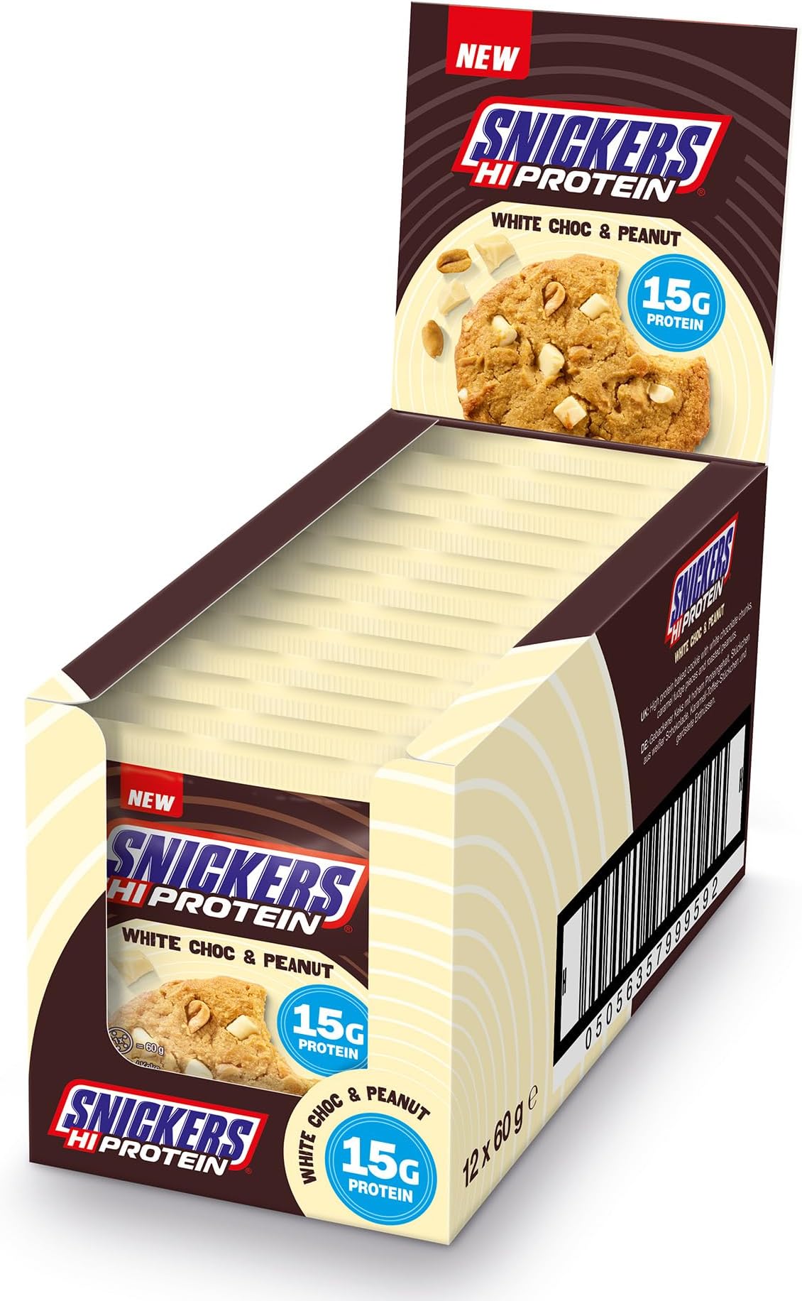 Snickers White Chocolate Peanut Protein Cookie (12 X 60G), High Energy Snack, 15G Protein, Vegetarian
