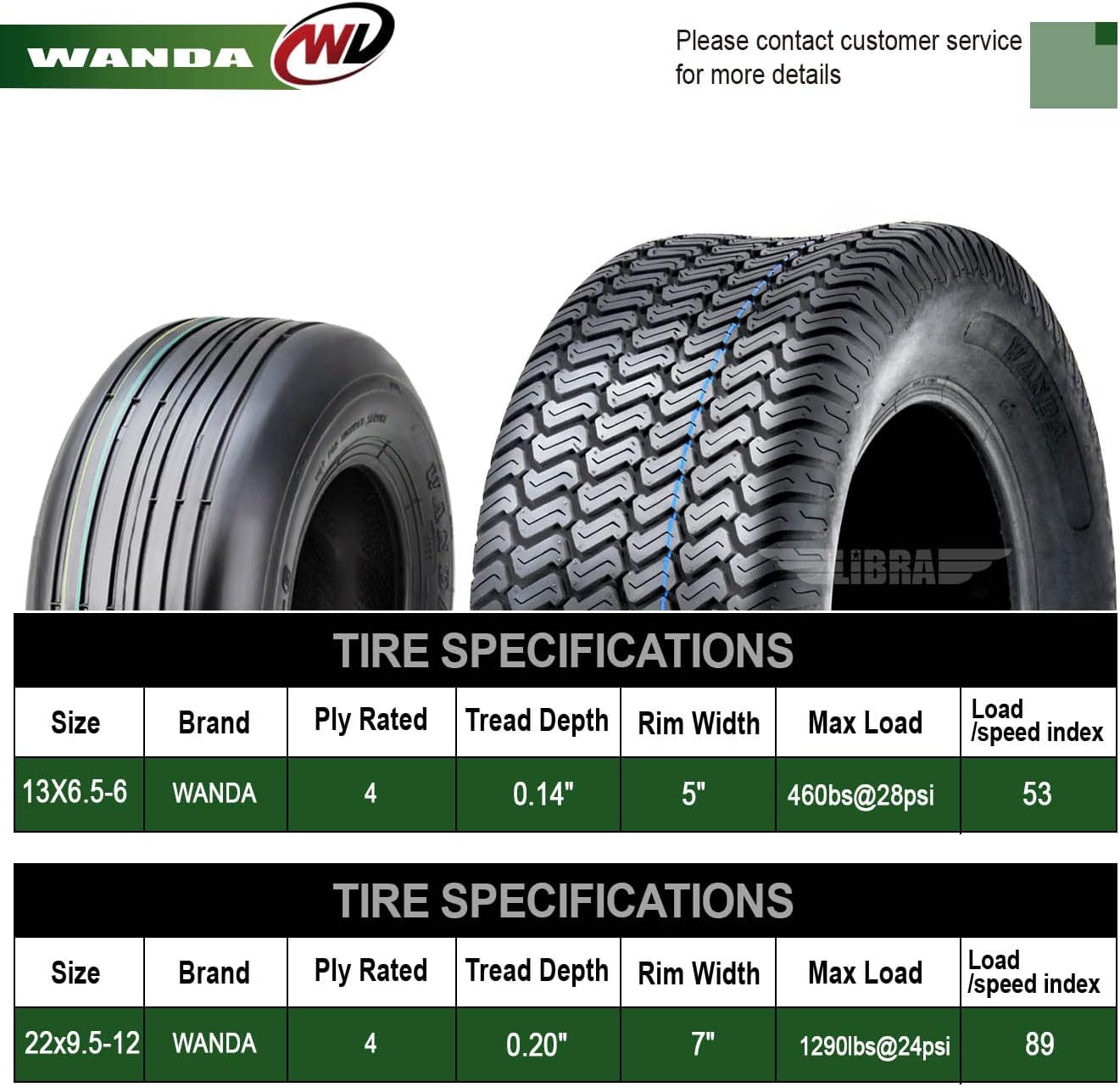 WANDA Set 4 13X6.5-6 & 22X9.5-12 Zero turn Lawn Mower Tractor Cart Turf Tires 4 Ply-13081/13135