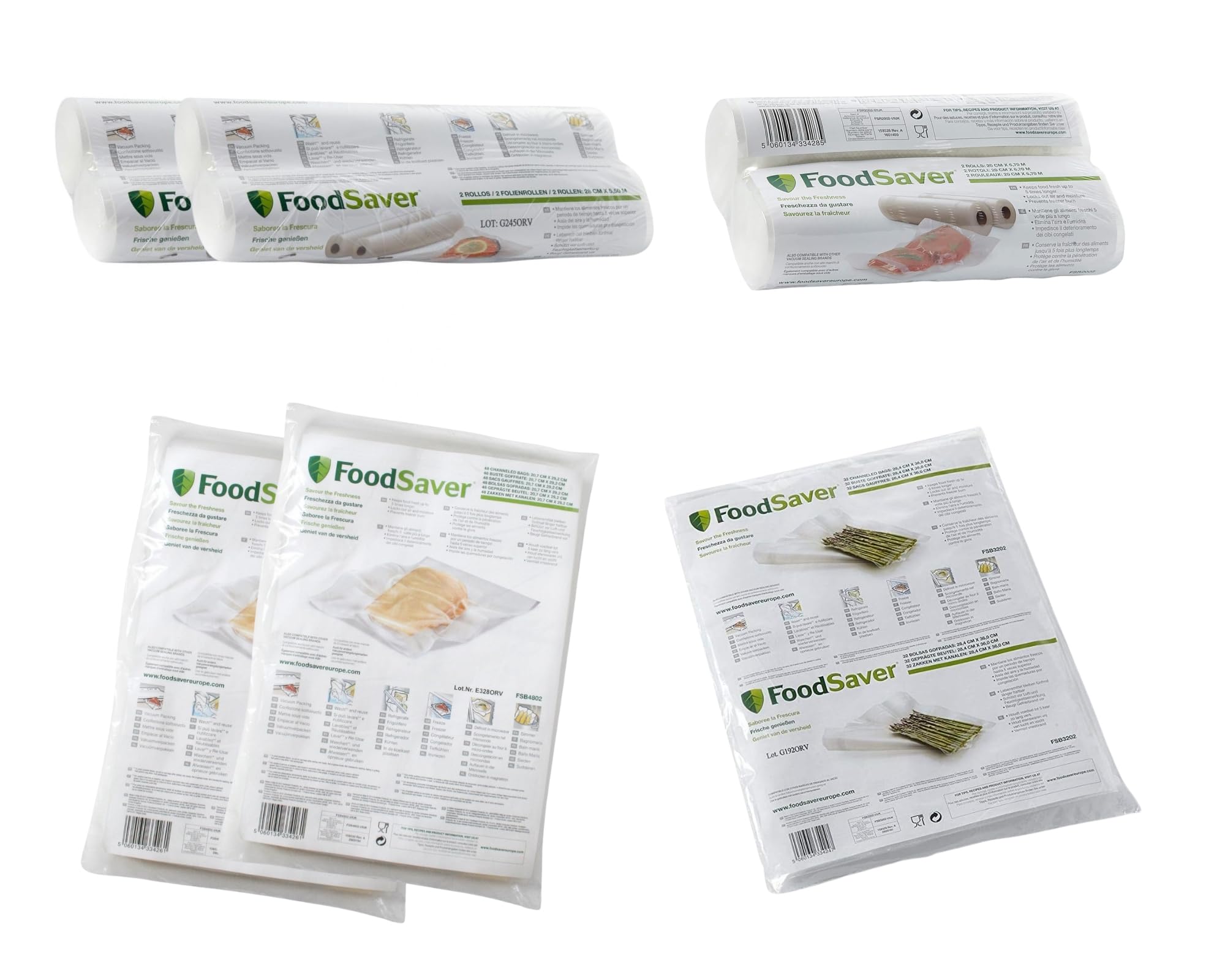 FoodSaver Mega Kit 4 Rotoli 28 x 550 cm (2 x 2) + 96 Sacchetti 20.3 x 29.2 cm (2x48) + 2 Rotoli 20 x 670 cm + 32 Sacchetti XL 28.4 x 36 cm, Termosigillabili, Senza BPA, Compatibili Macchine Sottovuoto