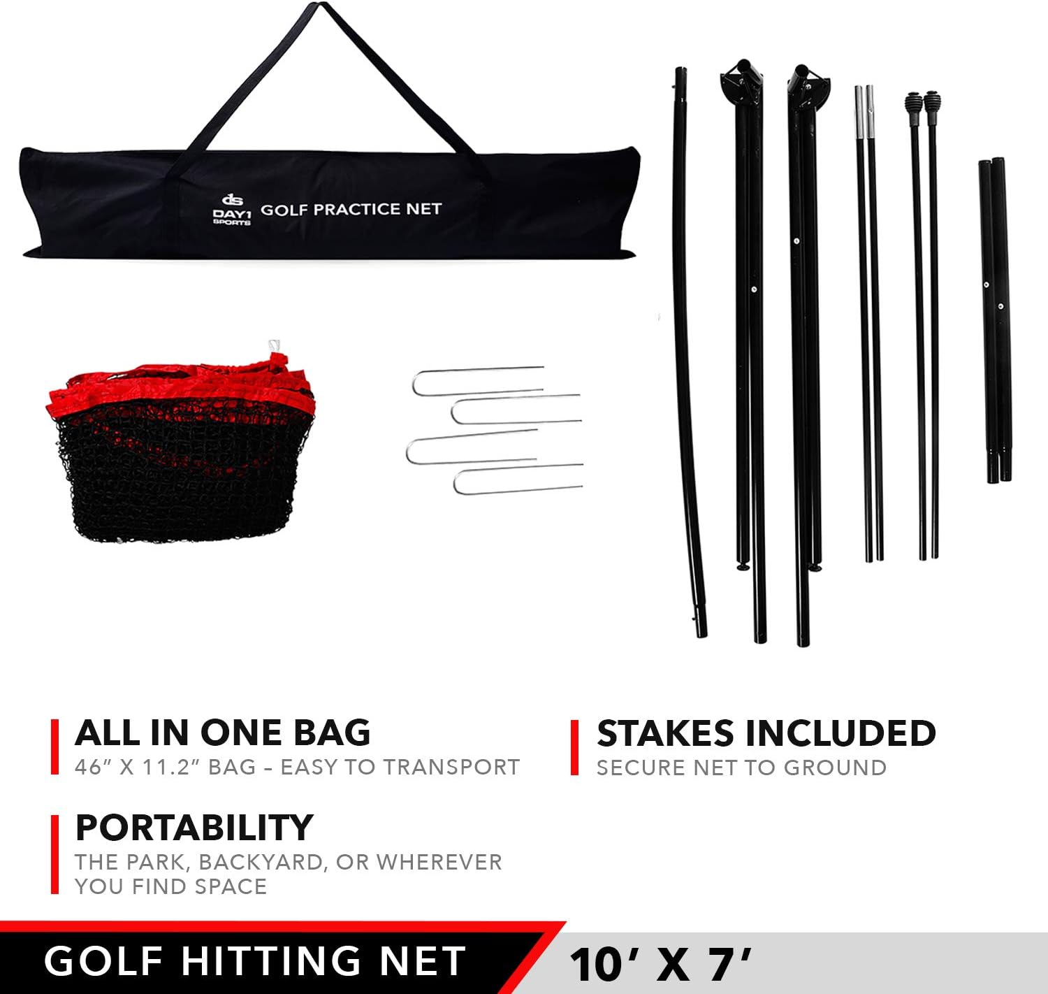 Practice Golf Hitting Net by Day 1 Sports - Large 10’ x 7’ - Portable Carry Bag - Indoor or Outdoor Use - Quick and Easy Assembly - Durable Golf Practice and Training Equipment, Personal Driving Range