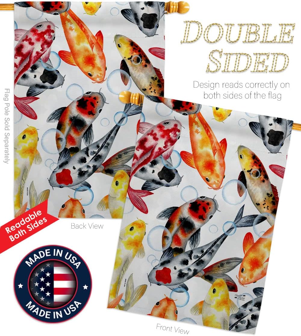 Koi Water Garden House Flag Animals Sea Creature Nautical Ocean Fish Outdoor Summer Marine Decoration Banner Small Yard Gift Double-Sided, Made in USA