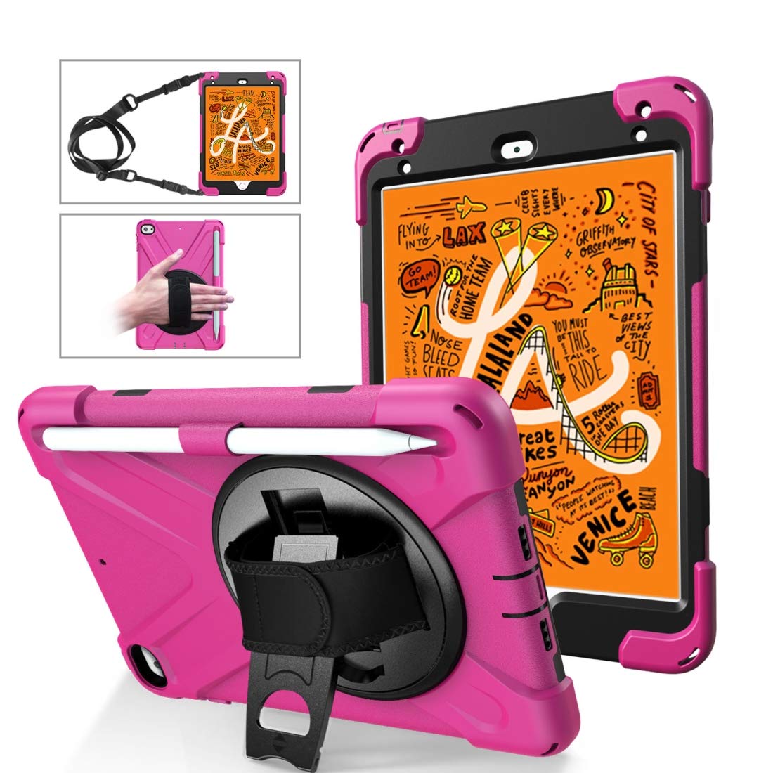 ZENGMING Tablet PC Case Cover Shockproof Colorful Silica HDW + PC Protective Case for iPad Mini 2019 / Mini 4, with Holder & Shoulder Strap & Hand Strap & Pen Slot(Orange) (Color : Hot Pink)