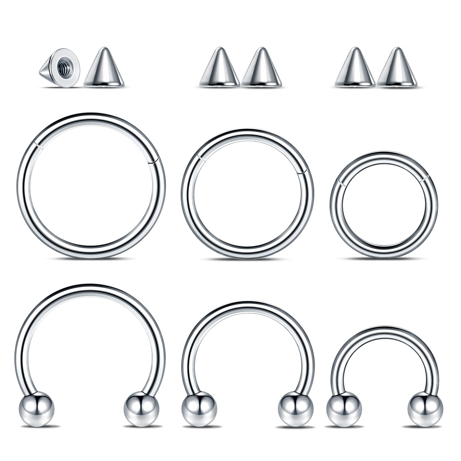 Aumeo 6PCS Nose Septum Ring 16G 18G Surgical Steel Nose Piercing Jewelry 8mm 10mm 12mm Horseshoe Septum Rings Lip Earring Eyebrow Hoop Rings Silver