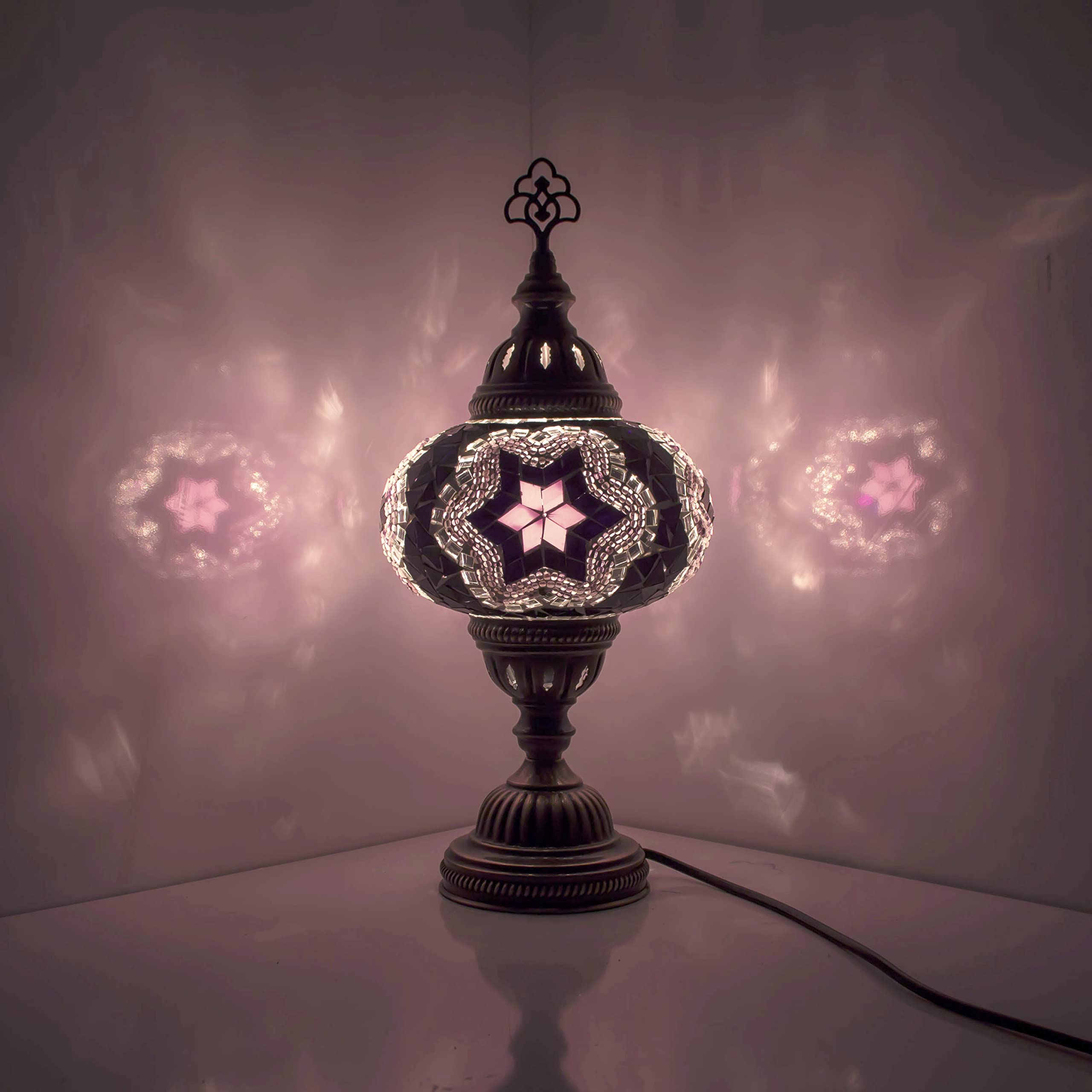 Turkish Moroccan Style Mosaic Multicoloured Desk Table Lamp, Bronze Base, Unique Light Large Globe (Small Pink)