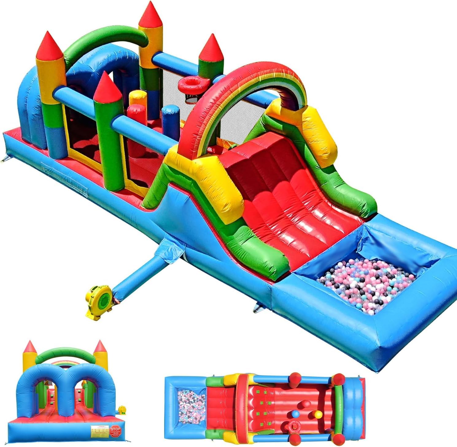 25FT Commercial Bounce House for Big Adults (0.45mm Heavy Duty PVC) (600lbs Capacity) Inflatable Obstacle Course Bounce House 1100W Blower Water Slide Backyard Outdoor Party 25x8x8.2FT